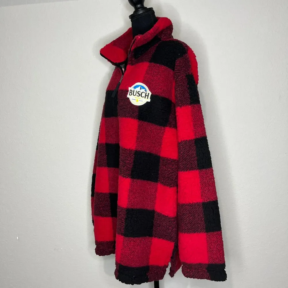 Anheuser Busch‎ Beer Plaid Sherpa Fleece Pullover Red Black Sweater, Size 2xl